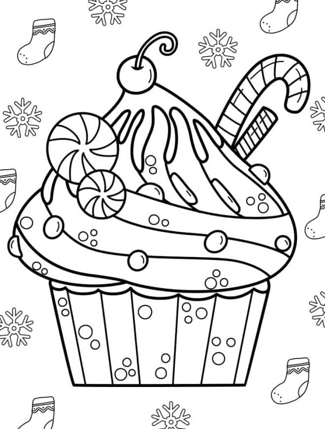 Coloriage Cupcake de Noël avec des cannes de bonbon