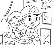 Coloriage Le pompier secourant la petite fille