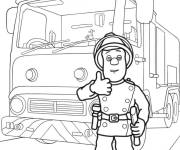 Coloriage Pompier devant un camion de pompiers