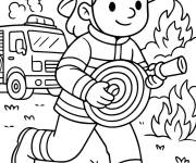 Coloriage Pompier en courant pour &eacute;teindre le feu