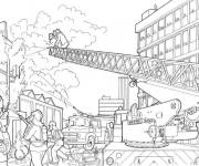 Coloriage Sc&egrave;ne des pompiers essayant &agrave; &eacute;teindre l'incendie