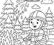 Coloriage Un pompier &eacute;teint l'incendie dans la foret