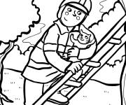 Coloriage Un pompier sauvant un chat