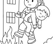 Coloriage Un pompier sauve un enfant d'un b&acirc;timent en feu