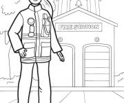 Coloriage Une pompi&egrave;re devant une caserne de pompiers
