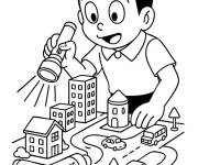 Coloriage Dekisugi joue avec une minuscule ville miniature