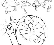 Coloriage Doraemon appuie sur le bouton avec ses amis