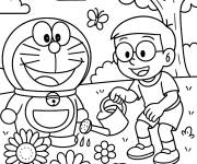 Coloriage Doraemon arrose les fleurs