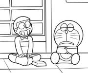 Coloriage Doraemon assis avec le gar&ccedil;on Nobita
