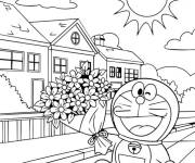 Coloriage Doraemon avec un bouquet de fleurs devant la maison