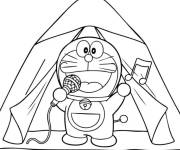 Coloriage Doraemon chante sous une couverture