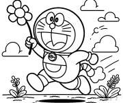 Coloriage Doraemon court en tenant une fleur