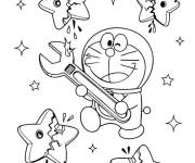 Coloriage Doraemon dans l'espace avec des &eacute;toiles