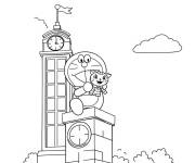 Coloriage Doraemon et le chat sur le b&acirc;timent