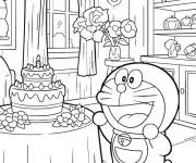 Coloriage Doraemon et le g&acirc;teau d'anniversaire