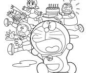 Coloriage Doraemon et les personnages pendant l'anniversaire