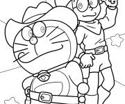 Coloriage Doraemon et Nobita en mode cowboy
