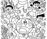 Coloriage Doraemon et ses amis courent dans une ville