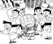 Coloriage Doraemon et ses amis f&ecirc;tent le nouvel an