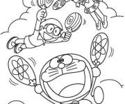 Coloriage Doraemon et ses amis volent gr&acirc;ce au ventilateur