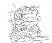 Coloriage Doraemon le chat-robot  sur le bateau des pirates
