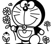 Coloriage Doraemon parmi des fleurs