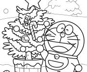 Coloriage Doraemon pr&egrave;s d'un sapin de No&euml;l