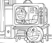 Coloriage Doraemon regarde la t&eacute;l&eacute;vision