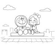 Coloriage Doraemon sur le toit de la maison avec la fille