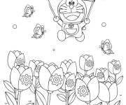 Coloriage Doraemon survolant des tulipes