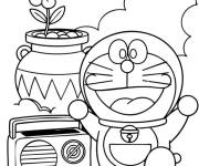 Coloriage Doraemon tout mignon &agrave; c&ocirc;t&eacute; d'un pot de fleurs et d'une radio
