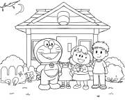 Coloriage Famille mignonne de Doraemon devant la maison