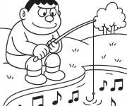 Coloriage Gian p&ecirc;che des notes de musique au bord d'une rivi&egrave;re