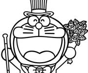 Coloriage L'&eacute;l&eacute;gant Doraemon au bouquet de fleurs