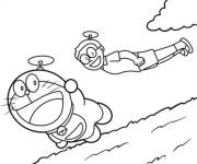 Coloriage et dessins gratuit Nobita et Doraemon utilisent des h&eacute;licopt&egrave;res en bambou à imprimer
