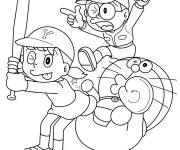 Coloriage Shizuka Minamoto, Nobita et Doraemon jouent au Baseball