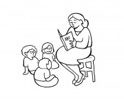 Coloriage La Mère lit Un Livre à Ses Enfants