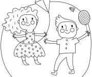 Coloriage Enfants jouant au cerf volant