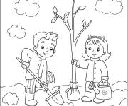 Coloriage Gar&ccedil;on et fille plantent un arbre