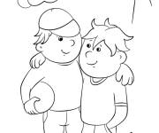 Coloriage Les deux enfants amis jouent le ballon