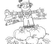 Coloriage Epouvantail dans le jardin avec des citrouilles