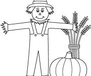 Coloriage L&rsquo;&eacute;pouvantail avec le bl&eacute; et la citrouille