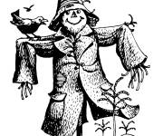 Coloriage L&rsquo;&eacute;pouvantail avec un corbeau en noir et blanc