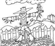 Coloriage L&rsquo;&eacute;pouvantail, citrouilles et soleil en mode m&eacute;chant