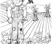 Coloriage L&rsquo;&eacute;pouvantail en parlant avec l'oiseau dans le champ