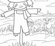 Coloriage Un &eacute;pouvantail mignon dans la ferme