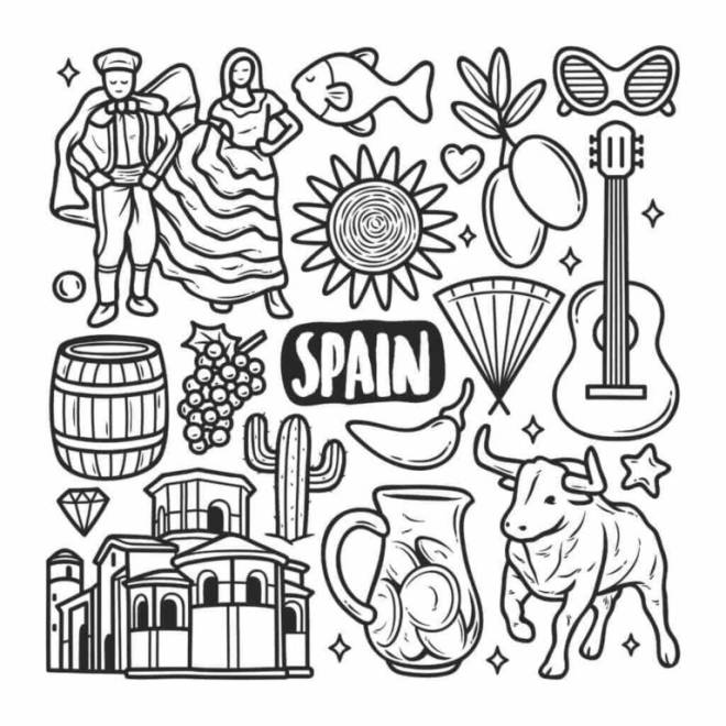 Coloriage Tout les symboles d'Espagne dessin gratuit à imprimer