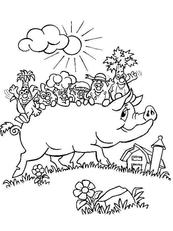 Coloriage et dessins gratuits Cochon rigolo avec légumes qui font rire à imprimer