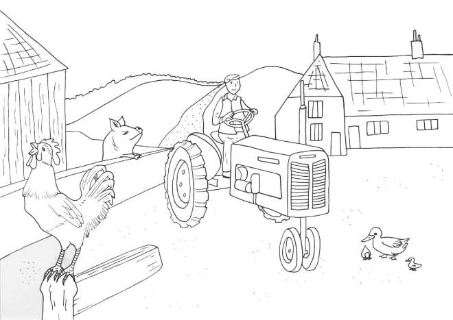 Coloriage et dessins gratuits L’agriculteur conduit son tracteur dans la ferme à imprimer