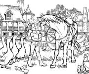 Coloriage La fille entour&eacute;e par les animaux de la ferme